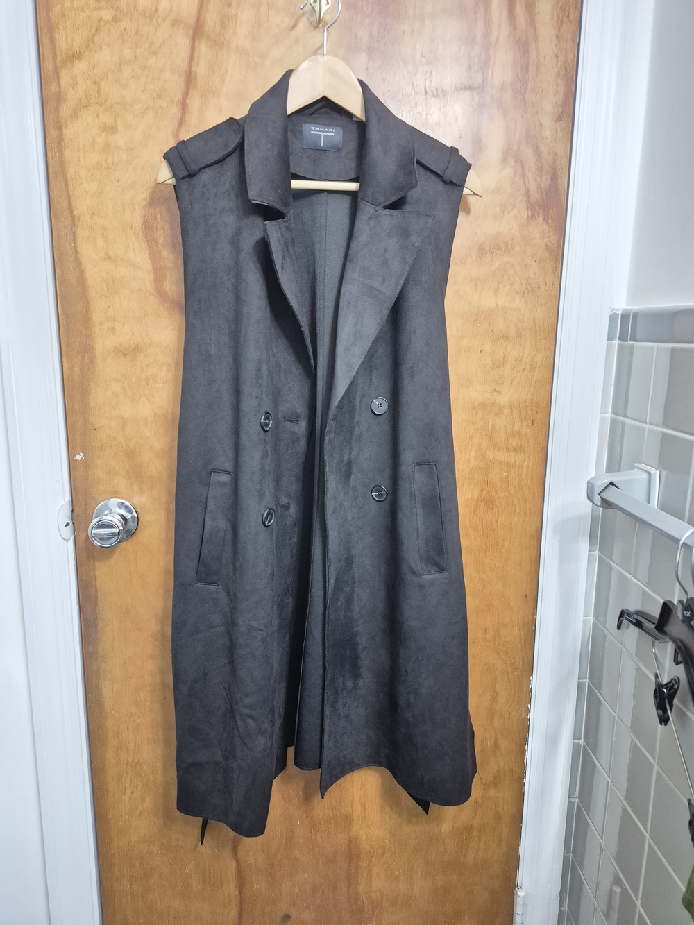 Tahari Sleeveless Long Trench Coat Vest - Black